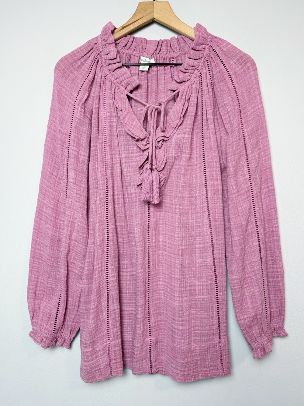 Sundance Artist Ladder Ruffle Neck Tassel Tie Peasant Top